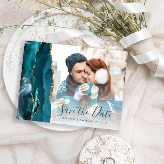 Aquamarin Gold Agate Foto Save the Date Postkarte