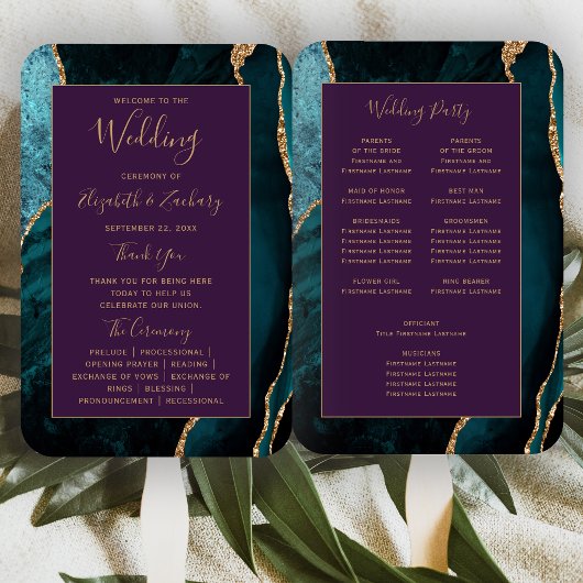 Aquamarin Gold Agate Lila Wedding Program Fächer