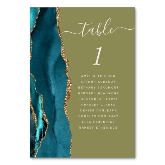 Aquamarin Gold Agate Olive Green Wedding Tischnummer (Vorderseite)
