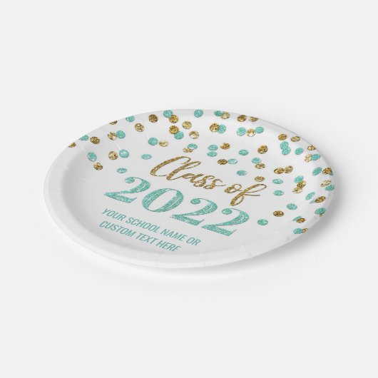 Aquamarin Gold Confetti Abschluss 2022 Pappteller (Schrägansicht)