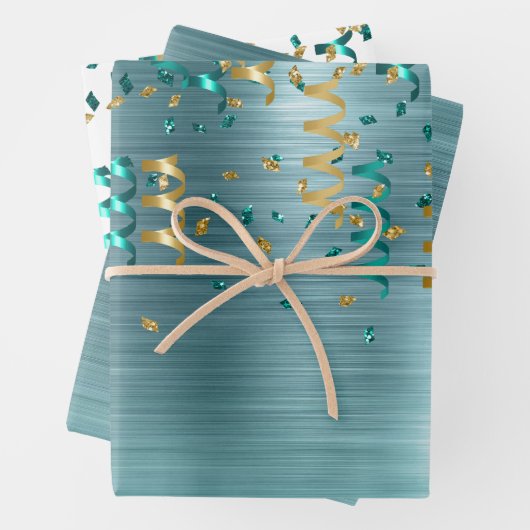 Aquamarin Gold Confetti Birthday Geschenkpapier Set (Beispiel)