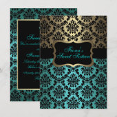 Aquamarin & Gold Elegante Damask Geburtstag Einlad Einladung (Vorne/Hinten)