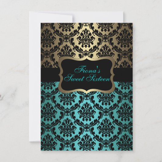 Aquamarin & Gold Elegante Damask Geburtstag Einlad Einladung (Vorderseite)