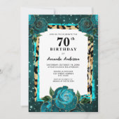 Aquamarin Gold Floral 70. Geburtstag Einladung (Vorderseite)