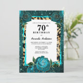 Aquamarin Gold Floral 70. Geburtstag Einladung (Stehend Vorderseite)
