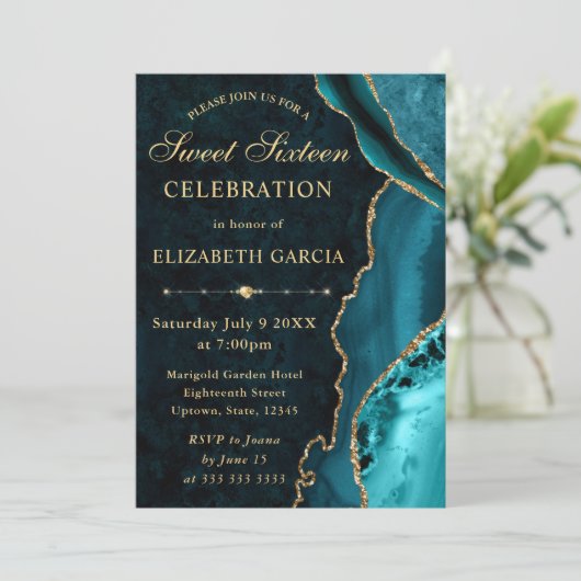 Aquamarin & Gold Glitzer Agate und Marmor Sweet 16 Einladung (Stehend Vorderseite)