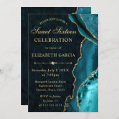 Aquamarin & Gold Glitzer Agate und Marmor Sweet 16 Einladung (Vorne/Hinten)