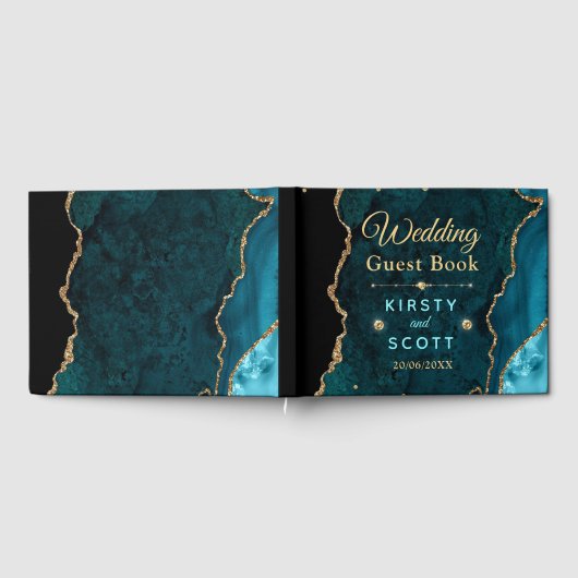 Aquamarin & Gold Glitzer Agate Wedding Gästebuch (Voll)