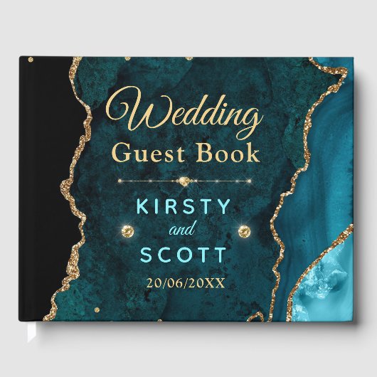 Aquamarin & Gold Glitzer Agate Wedding Gästebuch (Vorderseite)