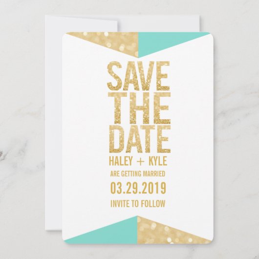 Aquamarin Gold Glitzer Aztec Save the Date Typogra Einladung (Rückseite)
