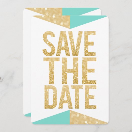 Aquamarin Gold Glitzer Aztec Save the Date Typogra Einladung (Vorne/Hinten)