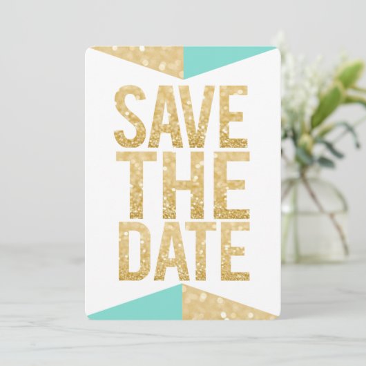 Aquamarin Gold Glitzer Aztec Save the Date Typogra Einladung (Stehend Vorderseite)