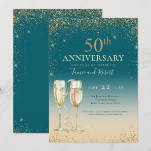 Aquamarin Gold Glitzer Champagne 50 Jahre Jubiläum Einladung