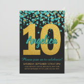 Aquamarin Gold Glitzer Confetti Black 10. Geburtst Einladung (Stehend Vorderseite)