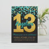 Aquamarin Gold Glitzer Confetti Black 13. Geburtst Einladung (Stehend Vorderseite)