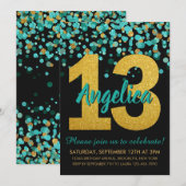 Aquamarin Gold Glitzer Confetti Black 13. Geburtst Einladung (Vorne/Hinten)