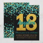 Aquamarin Gold Glitzer Confetti Black 18. Geburtst Einladung (Vorne/Hinten)