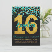 Aquamarin Gold Glitzer Confetti Black Sweet 16 Geb Einladung (Stehend Vorderseite)