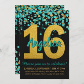 Aquamarin Gold Glitzer Confetti Black Sweet 16 Geb Einladung (Vorne/Hinten)