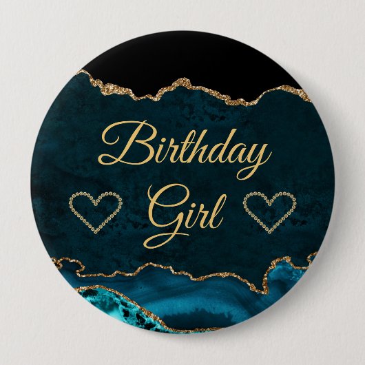Aquamarin & Gold Glitzer Marble Agate Birthday Gir Button (Vorderseite)