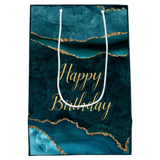 Aquamarin & Gold Glitzer Marble Agate Happy Geburt Mittlere Geschenktüte (Rückseite)