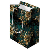 Aquamarin & Gold Grunge Floral Mittlere Geschenktüte (Rückseite Schrägansicht)