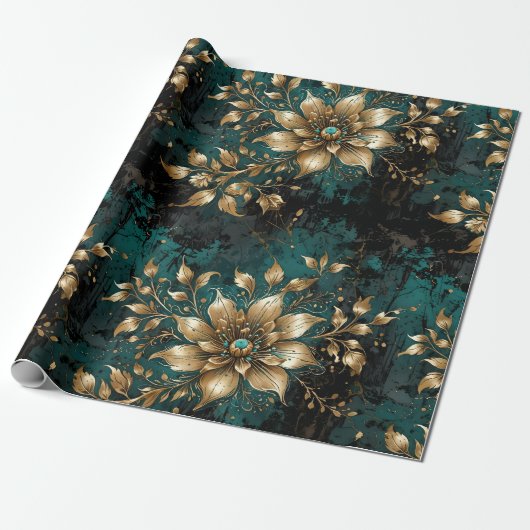 Aquamarin & Gold Grunge Florals Geschenkpapier (Ungerollt)