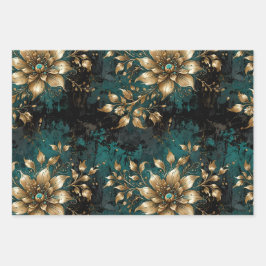 Aquamarin & Gold Grunge Florals Geschenkpapier Set