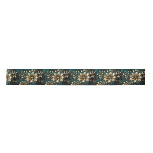 Aquamarin & Gold Grunge Florals Satinband (Vorderseite)