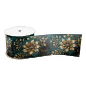 Aquamarin & Gold Grunge Florals Satinband (Spule)