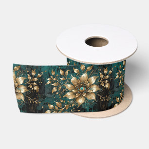 Aquamarin & Gold Grunge Florals Satinband