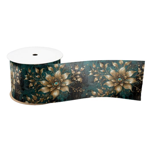 Aquamarin & Gold Grunge Florals Satinband (Spule)