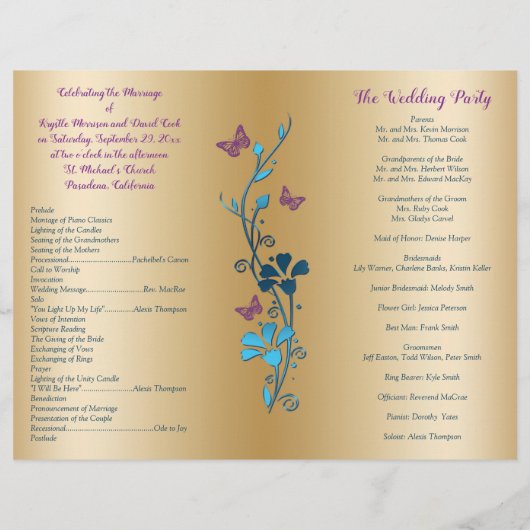 Aquamarin-Gold-Hochzeitsprogramm für Lila Blütenbl (Rückseite)