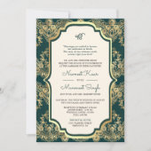 Aquamarin Gold Lace QR Code Anand Karaj Sikh Weddi Einladung (Vorderseite)