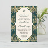 Aquamarin Gold Lace QR Code Anand Karaj Sikh Weddi Einladung (Stehend Vorderseite)