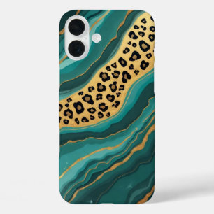 Aquamarin & Gold Leopard Agate iPhone 16 Plus Hülle