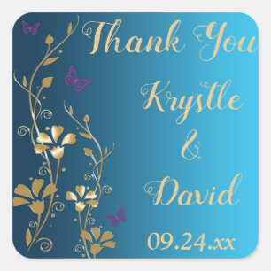 Aquamarin, Gold, Lila Blüte, Schmetterlingstickers Quadratischer Aufkleber