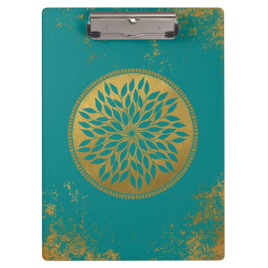 Aquamarin Gold Mandala auf Grunge Gold Aquamarin Klemmbrett (Vorderseite)