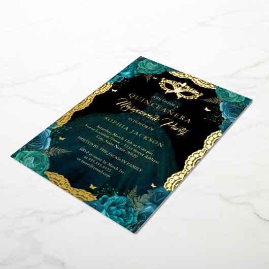 Aquamarin Gold Masquerade Party Dress Quinceanera Folieneinladung (Gedreht)