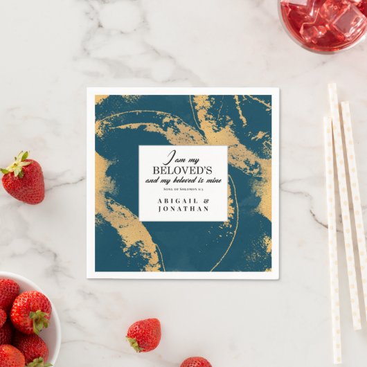 Aquamarin Gold Moderne Art Wedding Bible Verse Serviette (Beispiel)