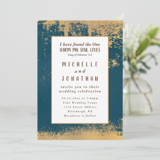 Aquamarin Gold Moderne Bibelverse Christliche Hoch Einladung (Stehend Vorderseite)