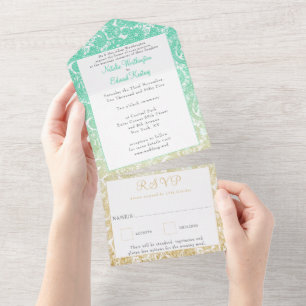 Aquamarin Gold Ombre Paisley Henna Wedding RSVP All In One Einladung