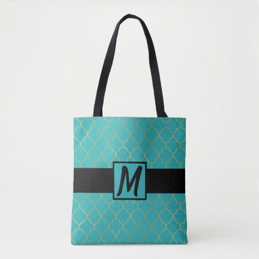 Aquamarin & Gold-Quatrefolie Mit Monogramm Tasche (Vorderseite)