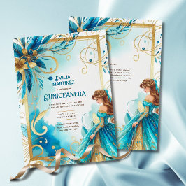 Aquamarin Gold Quinceañera Dress Einladung