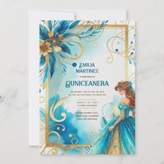 Aquamarin Gold Quinceañera Dress Einladung (Vorderseite)