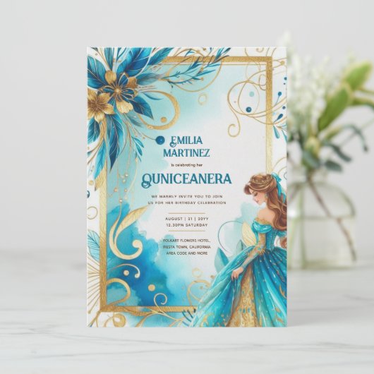 Aquamarin Gold Quinceañera Dress Einladung (Stehend Vorderseite)