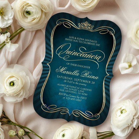 Aquamarin Gold Quinceañera Einladung