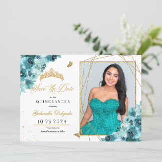 Aquamarin & Gold Quinceañera Save the Date Foto Einladung