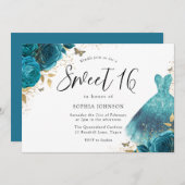 Aquamarin & Gold Sparkle Dress Rose Sweet 16 Birth Einladung (Vorne/Hinten)