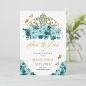Aquamarin & Gold Tiara Save the Date Quinceañera Einladung (Stehend Vorderseite)